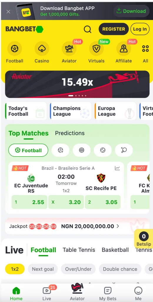 Bangbet app homepage